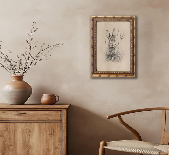 Vintage Gold Framed Easter Bunny Canvas Wall Art Vintage Rabbit Wall Decor Spring Farmhouse Animal Sketch Print Artwork Sketch Rabbit painting Picture for Farmhouse Bedroom Living Room 12X16in