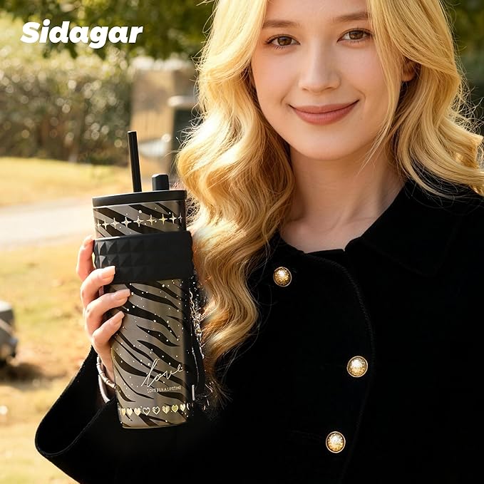 24 oz Stainless Steel Tumbler with Lid and Straw, Insulated Coffee Mug, Leak Proof, Portable Iced Travel Water Bottle, Reusable Thermal Coffee Cup Gift for Women, Black