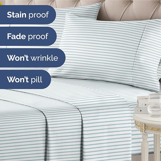 Striped Sheets - Blue & White Striped Sheets - 1 Flat & 1 Fitted & 2 Pillowcases w/ Deep Pockets – Comfy, Wrinkle & Fade Free - Soft, Breathable & Cooling - Luxury Pinstripe Bedding - King Size Set