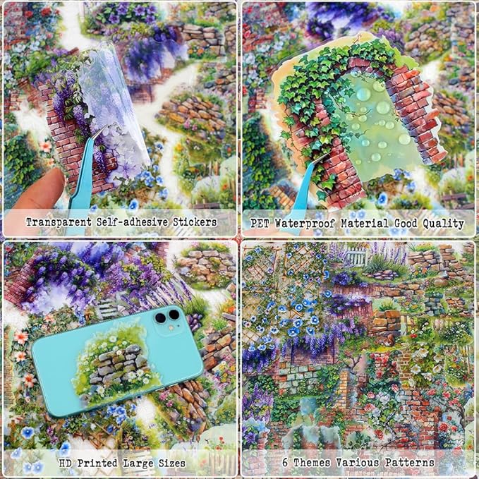 Dwpetzo Garden Flower Landscape Stickers for Journaling, 6 Themes Transparent PET Wildflower Brick Wall Fence Vines Stickers for Scrapbooking, Junk Journal Supplies, Collage, Planner, Mixed Media