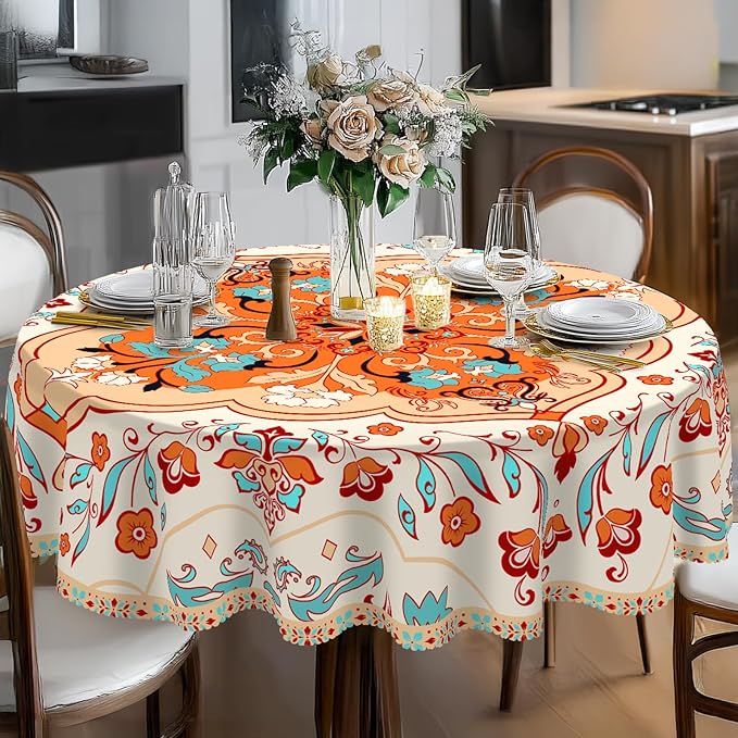 Eikione Bohemia Round Tablecloth 70inch,Table Cloth Waterproof and Wrinkle-Free, Boho Table Covers, Summer Decorations for Home
