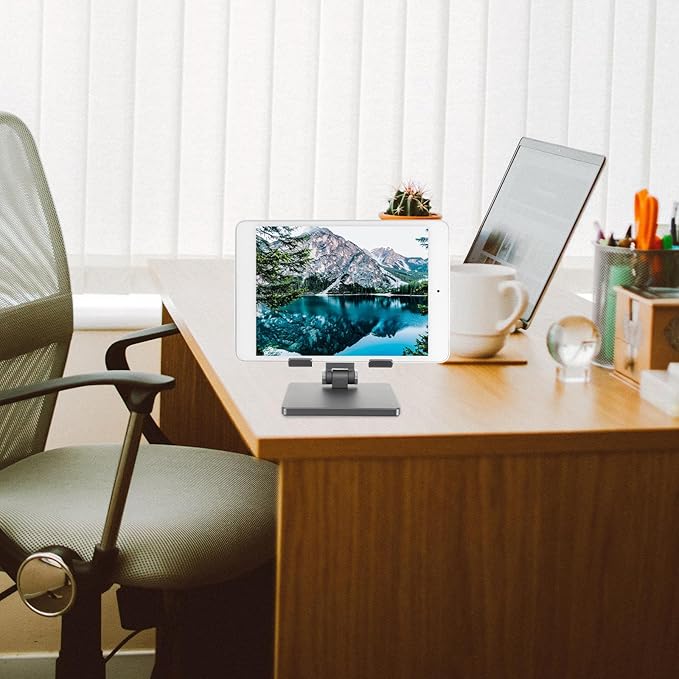 MERRYHAPY Adjustable Foldable Tablet Stand for Desk Metal Tablet Holder Organizer Compatible with Ipad and Multi-Angle Desktop Bracket in Space Gray for Office and Home Use