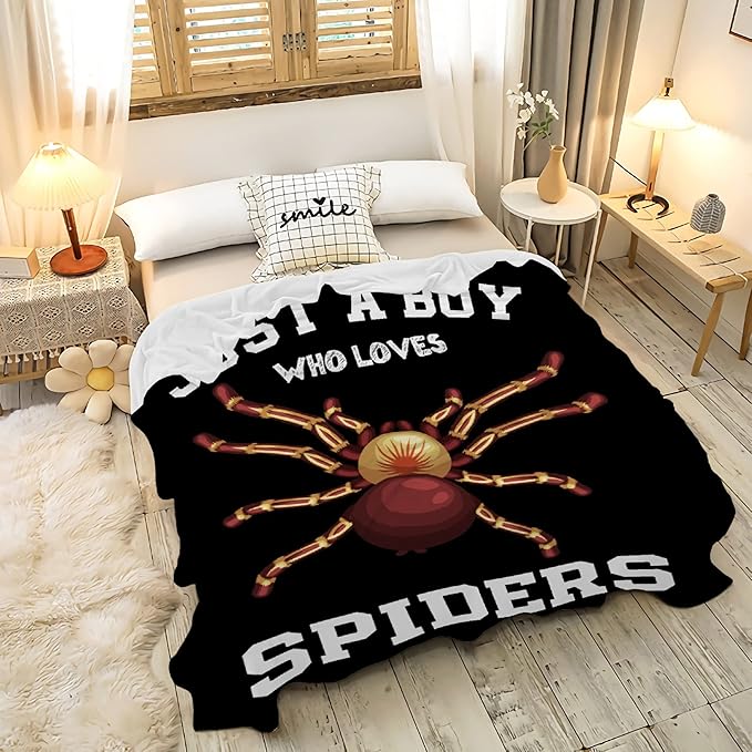 Just A Boy Who Loves Spiders Blanket Lightweight Cozy Flannel Fleece Throw Blanket Best Gift Home Decor for Bed Couch Outdoor Camping 120"x90" King for Family