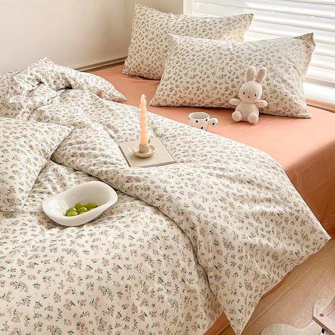 EAVD Garden Style Small Floral Print Duvet Cover Twin Soft Cotton Chic Shabby Cute Floral Bedding Set for Girls with 2 Pillowcases Fresh Botanical Duvet Cover with Zipper Closure