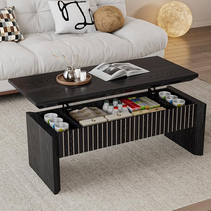Lift Top Coffee Table with Storage, Mid Century Modern Coffee Table with Hidden Compartment, Fluted Wood Rectangle Center Table for Living Room, Home Office, Walnut (Black, 42.5''W)