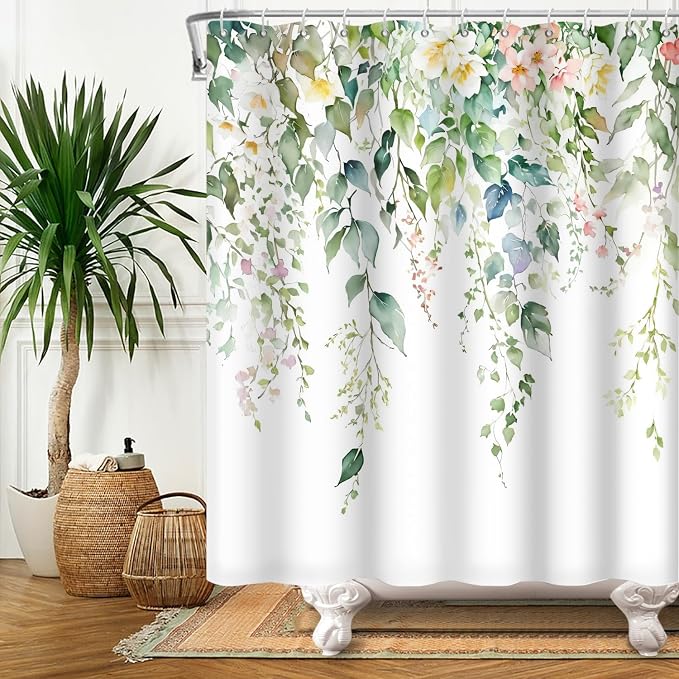 Sage Green Eucalyptus Shower Curtain Watercolor Botanical Floral Leaves Shower Curtain Set Spring Nature Bathroom Decor with 12 Hooks,69x70 Inches