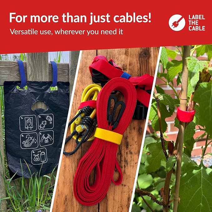 Label-the-cable Cable Management Ties Tape, Adjustable, Re-Useable/Cable Tidy/Hook and Loop Cord Organizer, Wire Management/LTC Rolls, 4 PCS, 1m x 16mm, Black, Blue, Yellow and Red, LTC 1230