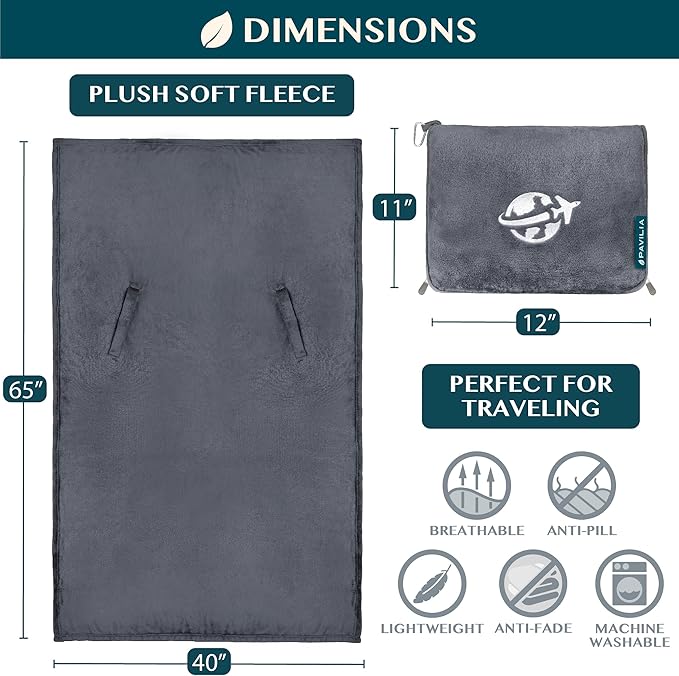 PAVILIA Travel Blanket and Pillow, Arms Opening Airplane Blankets for Adults, Compact Plane Blanket with Arm Hole 2-in-1 Bag for Flight Car Camping Fit in Luggage Backpack Traveler Gift, Dark Gray