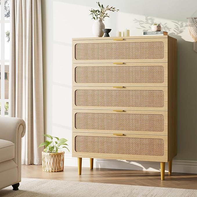 Garvee Rattan Dresser with 5 Drawers, Tall Modern Closet with Deep Storage, Large Chest of Drawers with Wide Top, Long Wooden Dresser for Bedroom, Living Room, Hallway, Kids Room, Natural