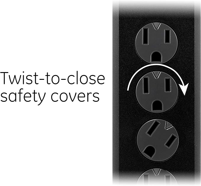 GE 6-Outlet Surge Protector, 20 Ft Extension Cord, Power Strip, 800 Joules, Flat Plug, Twist-to-Close Safety Covers, Protected Indicator Light, UL Listed, Black, 50769