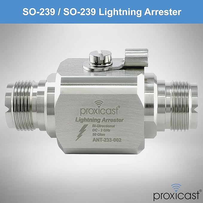 Proxicast Coaxial Lightning Arrester/Suppressor with UHF SO-239 Female Connectors - Pro-Grade Coax Cable Surge Protector for RF, HF, VHF, UHF, CB, Ham, Two-Way Radio and Other Antennas (ANT-233-002)