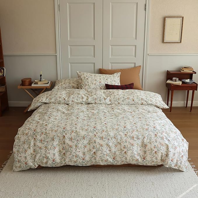 Vintage Style Botanical Floral Duvet Cover Full 3 Pieces Chic Floral Tree Branches Bedding Set Cotton Botanical Flower Duvet Cover with 2 Pillowcases Boho Floral Cottagecore Duvet Covet Full Size