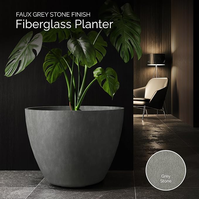 Lupo Tapered Planter – Grey Stone Finish – Fiberglass Indoor/Outdoor and Weather-Resistant Large Planter (32.3" D x 24.6" H Exterior, 30.7" D x 24" H Interior)