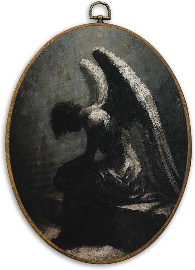 CUANFDDSF Vintage Halloween Angel Oval Wall Art Decor, Halloween Wall Hanging Decor, Moody Rustic Dark Academia Gothic Angel Framed Canvas Prints for Home Bedroom Living Room, 8.6x11.4 Inch
