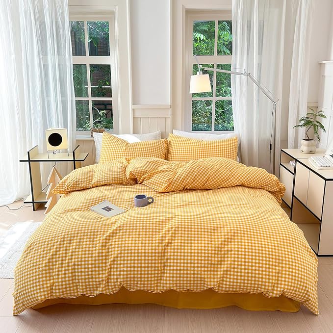 LifeTB Twin XL Comforter Set 3 Pieces Yellow Gingham Comforter Set Geometric Checkered Plaid Printed Bedding Comforter for All Seasons Fluffy Soft Lightweight Gingham Plaid Bedding Set Twin XL