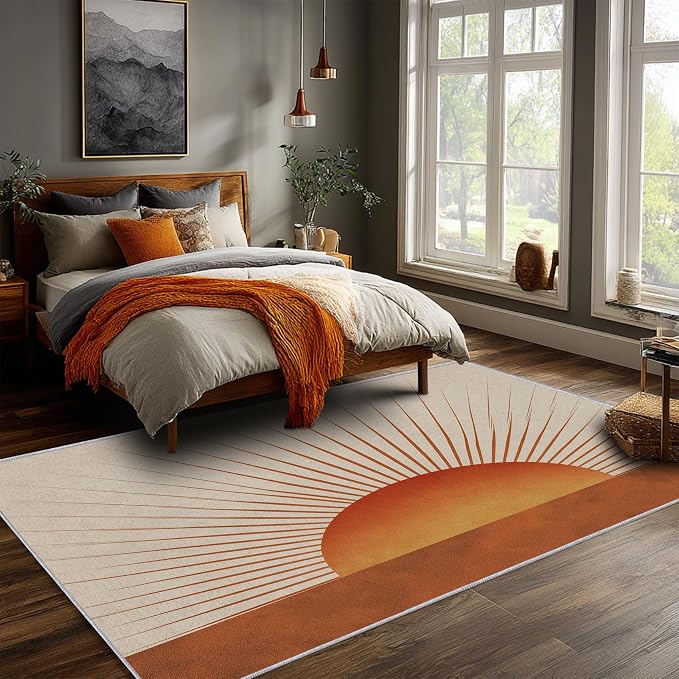 Sunburst Area Rug 6x9, Retro Sun Design Rug, Mid Century Modern Carpet for Living Room Bedroom, Soft Non Slip Washable Area Rug