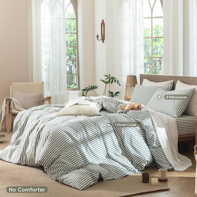 MooMee Striped Duvet Cover Set 100% Washed Cotton Linen Like Textured Breathable Durable Soft Comfy (Heathered Green Classic Stripes, Oversized Queen 98"x98")