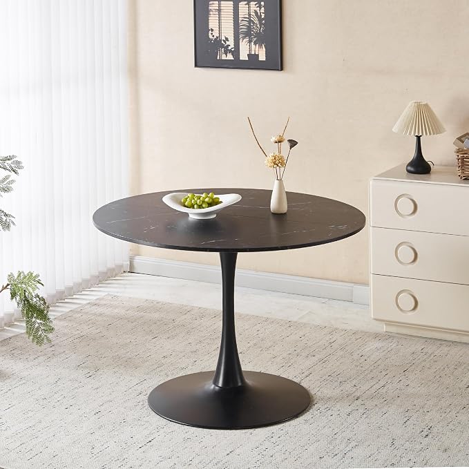 42" Tulip Table for 4-6 Persons Modern Round Dining Table, Mid-Century Modern Black Marble Small Kitchen Table with MDF Wooden Top, Leisure Coffee Table for Living Room, Dining Room, Office
