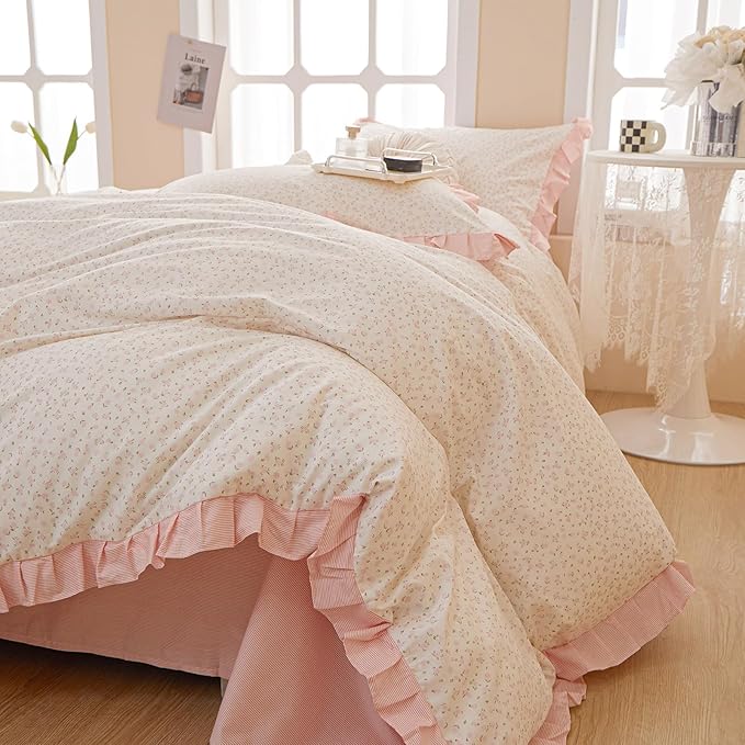 Pink Floral Duvet Cover Full 100% Cotton Ruffle Duvet Cover Girls Princess Lace Bedding Set Botanical Flower Comforter Cover with Zipper Closure Vintage Country Bedding Cottagecore Duvet Cover Set