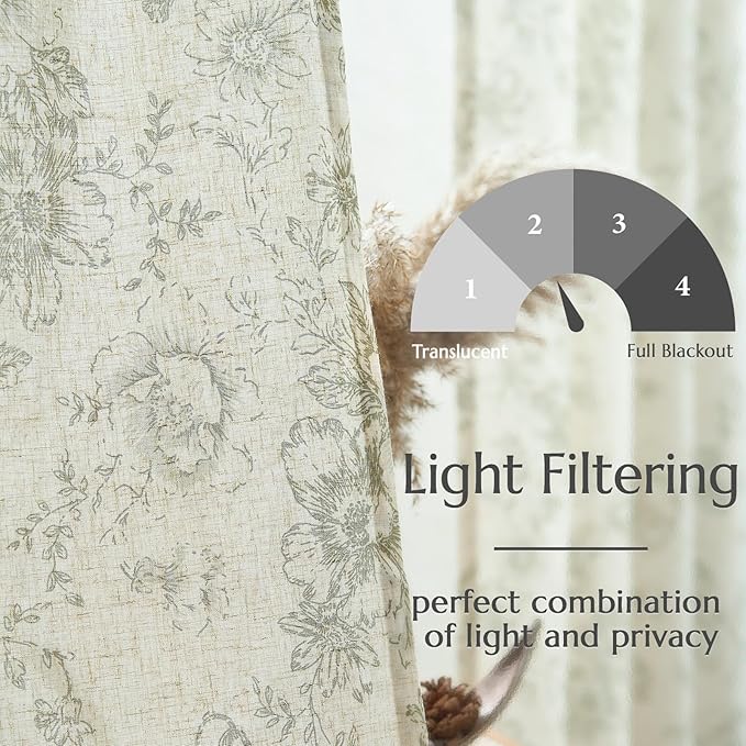 jinchan Lined Linen Blend Curtain Floral Curtains for Living Room 63 Inch Length Christmas Green Peony Flower Printed Curtain Back Tab Farmhouse Patterned Drapes Bedroom Curtains Set 2 Panels