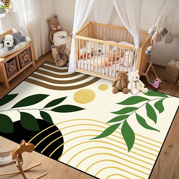 Modern Abstract Rug Geometric Area Rug Boho Green Leaf Floor Mat Soft Washable Carpet for Entryway Bedroom Living Room Kitchen Home Decor 2'x3'
