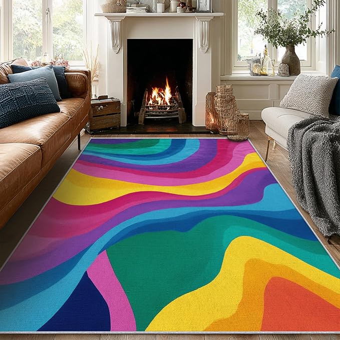 Rainbow Abstract Rugs 3x5, Colorful Retro 70s Washable 3 x 5 Area Rug for Living Room, Bedroom, Low Pile Non Slip Stain Resistant Carpet, Abstract Home Decor Accessories & M884