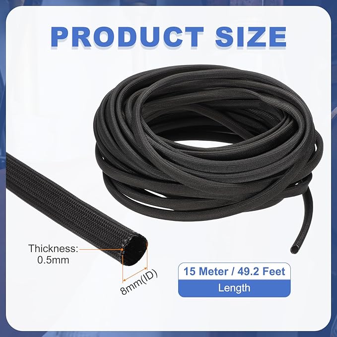 uxcell Insulation Cable Protector,8mm/0.5 Inch-15m/49 Feet High Temp Fiberglass Sleeve Black