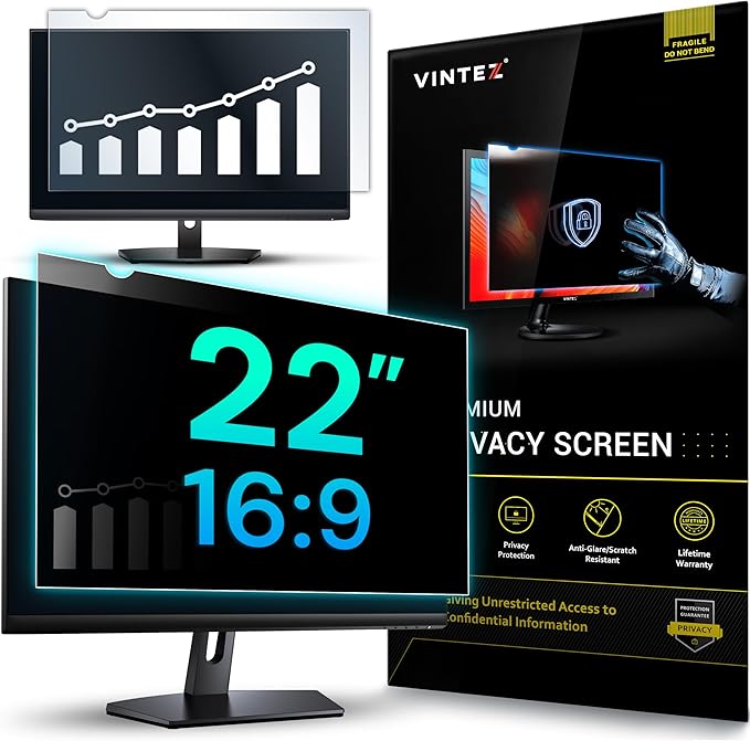 VINTEZ 22 Inch 16:9 Privacy Screen for Computer Monitor and Laptop - Anti Glare Protector Film Blue Light Filter Eye Protection - Computer Screen Privacy Shield, [1 Pack]