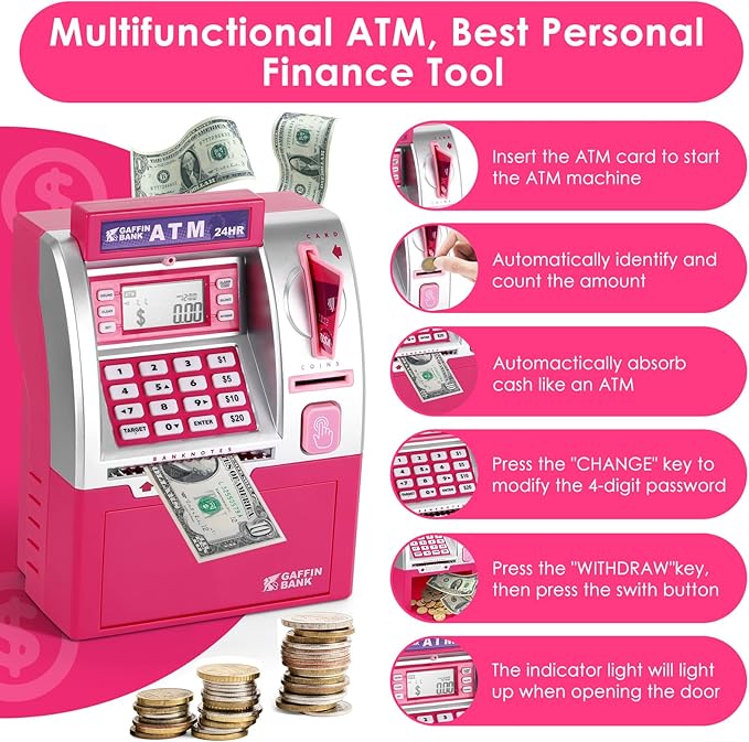 ATM Piggy Bank with Card and Password, Electronic Savings Bank Machine for Real Money, Mini ATM Coin and Cash Deposit Box with Target Setting, Clock and Sound – Pink Dollar Edition