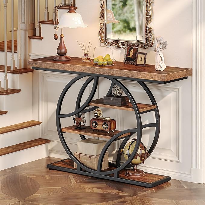 Huuger 47.2 Inch Entryway Table, Industrial Console Sofa Table with Storage, Accent Table with Shelves, for Entry, Hallway, Entrance, Foyer, O-Shaped Metal Frame, Rusitc Brown