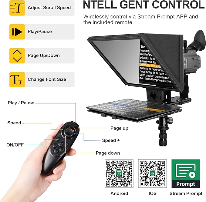 16-Inch Professional Teleprompter with Tempered Optical Glass, All-Metal Design, Remote Control & App Support, Works with Phones, Tablets, and Cameras