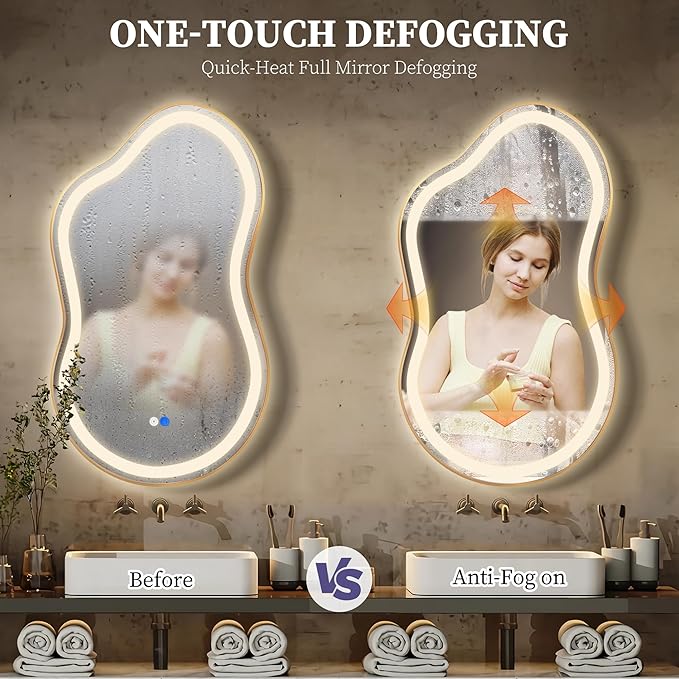Irregular LED Bathroom Mirror with Lights, Cloud Smart Backlit Mirror, Dimmable Lighted Bathroom Gold Mirror with Anti-Fog, Asymmetrical Vanity Mirror Hangable 2 Ways (Gold, 26 x 46, 1 Pack)