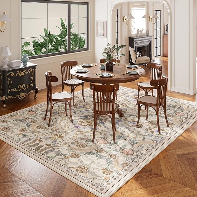 AMTOVO 6x9 Washable Area Rugs for Living Room, Non-Slip Large Soft Boho Floral Vintage Accent Print Carpet for Bedroom Dorm Nursery Room Dining Room Farmhouse Home Office, Beige