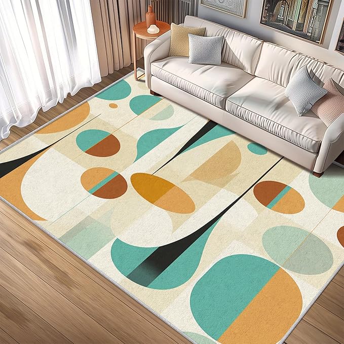 Retro Mid Century Rug 6x9, Washable Modern Geometric Rugs for Living Room Bedroom, Abstract Mid-Century Area Rug for Home Decor, Non Slip Backing Floor Carpet - 6 x 9 ft