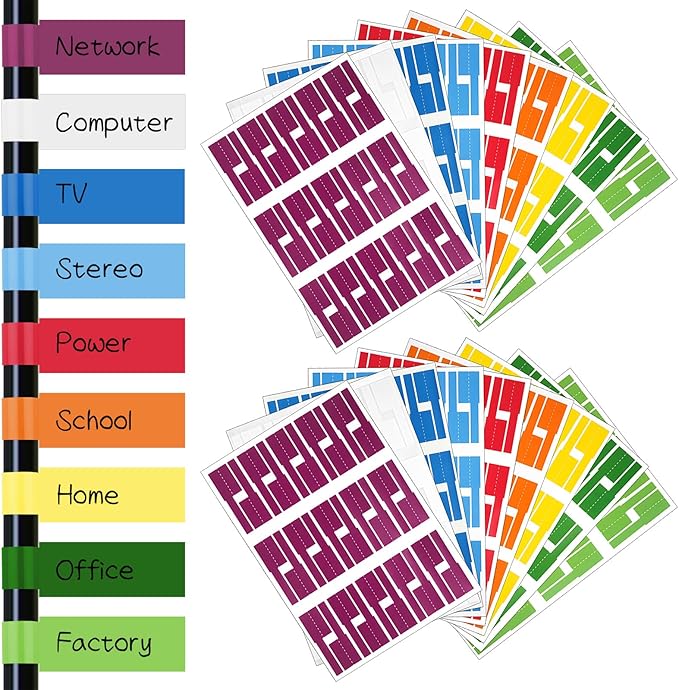 540 pcs Cable Labels, 9 Colors Cord Label, Waterproof Cables Tags, Self Adhesive Wire Labels, Cables Tags Printable for Laser Printer and Handwriting, Electronics Cable Management