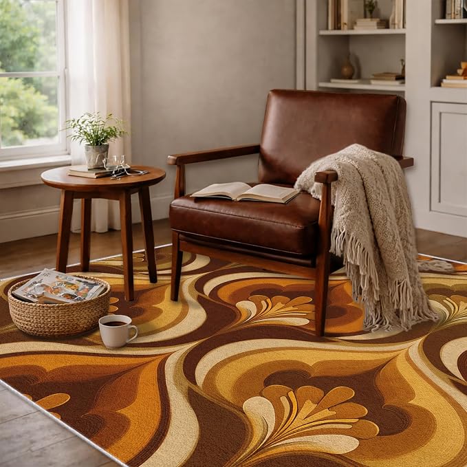 Retro 70s Area Rug 6x8, Mid Century Floral Geometric Rug, Burnt Orange Brown Vintage Carpet for Living Room Bedroom, Non-Slip Washable Area Rug