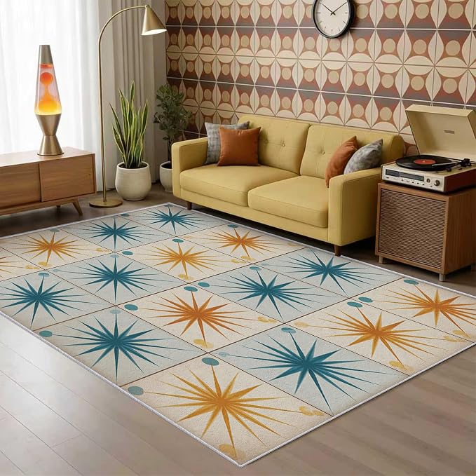 Starburst Rug 6x9 Mid Century Atomic Checkboard Distressed Pattern Area Rugs for Living Room, Bedroom, Starburst Home Decor Accessories Indoor Carpet, Non Slip & Machine Washable