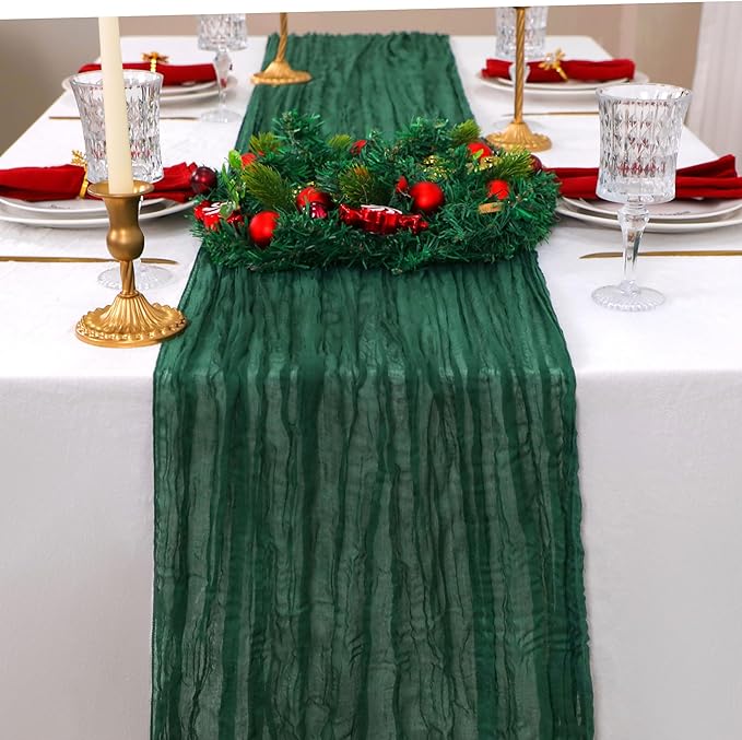 Snowkingdom 6 PCS Emerald Green Table Runner 120 Inch 10 Ft Rustic Boho Dark Green Cheese Cloth Runner for Wedding Bridal Baby Shower Birthday Party Christmas Sheer Gauze Home Table Centerpiece Deocr