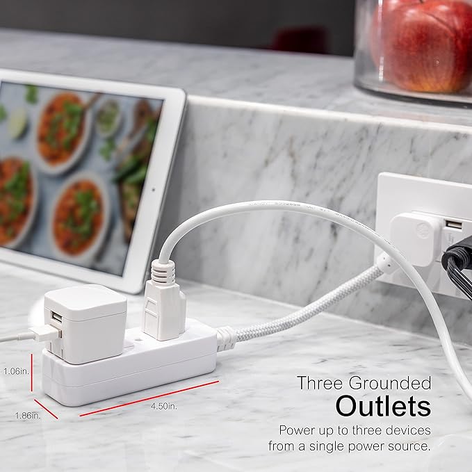 GE 3-Outlet Power Strip Surge Protector 5 Inch Braided Extension Cord with Multiple Outlets Grounded Flat Plug ETL Listed White 45190