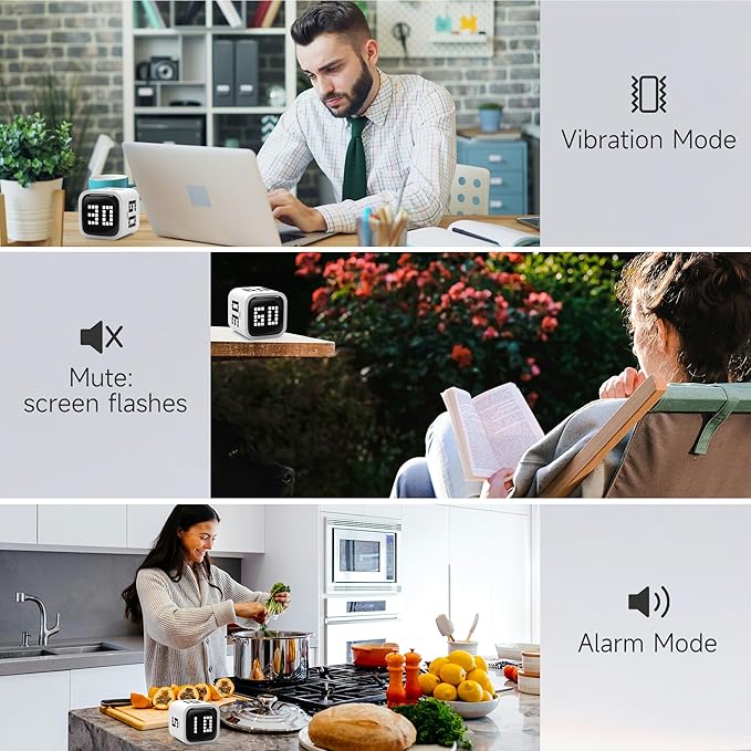 Exlliy Rotating Productivity Timer 5, 10, 30, 60 Minutes Preset, Desk Cube w/Gravity Sensor for ADHD, Mute Functions, Ideal for Work, Study, Kitchen, Back to School (White)