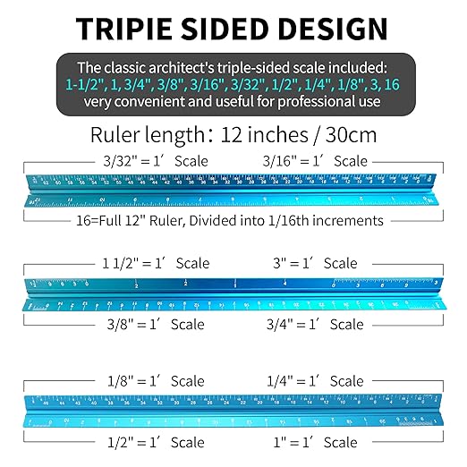 Rena Chris 2PCS Architectural Scale Ruler: 12" Imperial Aluminum Triangular Scale Ruler, Laser-Etched Architecture Ruler, Drafting & Architect Ruler for Architects, Students, Draftsman(Blue)