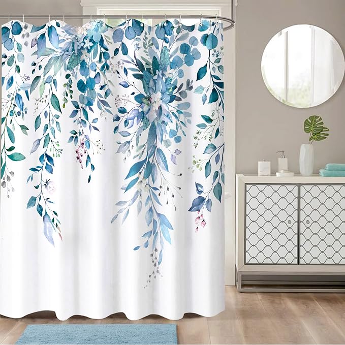 84 Inch Extra Long Blue Eucalyptus Shower Curtain Watercolor Floral Plant Leaf Shower Curtains for Bathroom Botanical Flower Waterproof Fabric Bath Curtain Decor with Hooks (Blue, 72'' x 84'')