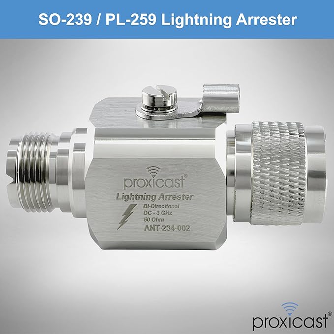 Proxicast Coaxial Lightning Arrester/Suppressor with PL-259 & SO-239 (M/F) Connectors - Pro-Grade Coax Cable Surge Protector for HF, VHF, UHF, CB, Ham, Two-Way Radio and Other Antennas (ANT-234-002)