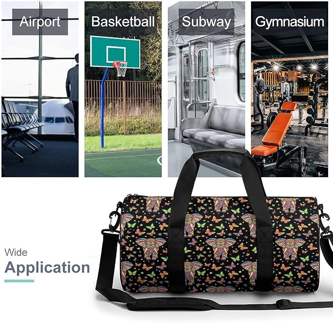 Foldable Gym Bag Elephant Butterfly Art Lightweight Travel Sports Bag Carry On Weekender Overnight Bags Beach Yoga Bags
