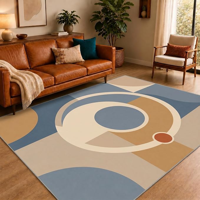 Mid Century Area Rug 2x3, Home Decor | Dusty Blue Camel Mod Orbit, Modern Abstract Circle Rug for Living Room, Bedroom, Home Office, Non Slip, Washable, Low Pile
