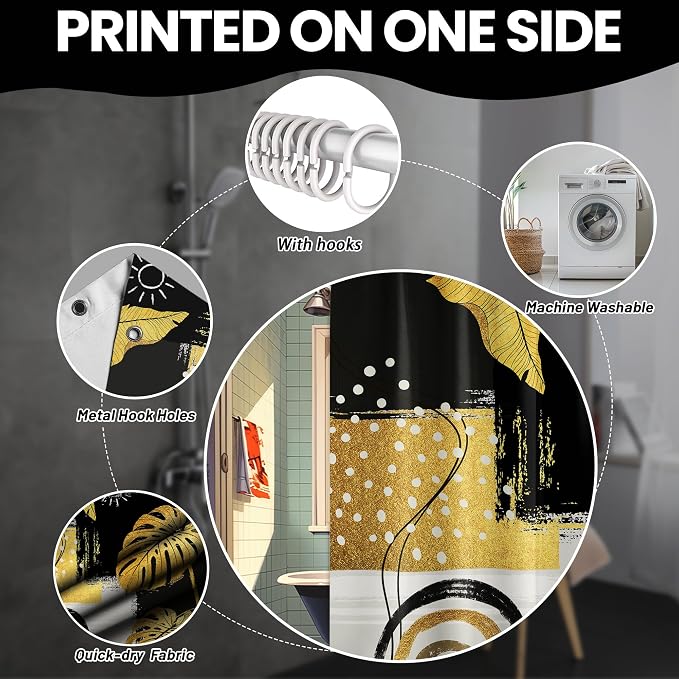 Extra Long Shower Curtain 96 Inchs Extra Tall Black and Gold XL Bohemian Mens Shower Curtains for Large Bathroom Decor Sets, Waterproof Cloth Fabric with Hooks, 70 x 96 Inch