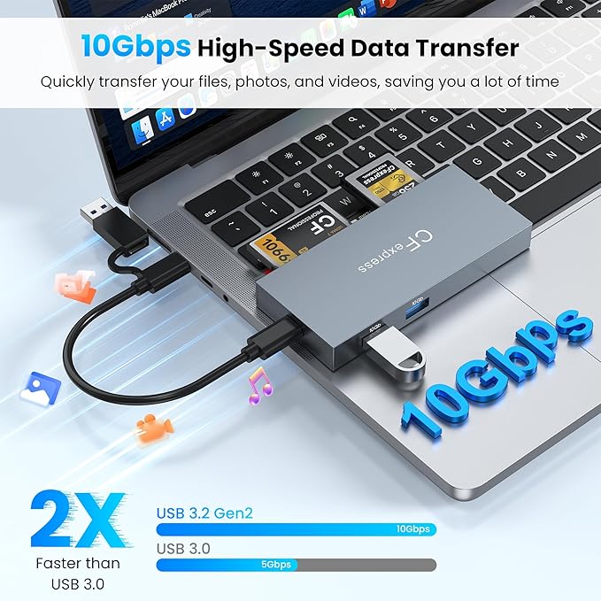 8-in-1 CFexpress Type B Card Reader, USB-C & USB-A Multi Memory Card Reader Adapter with Dual 10Gbps USB3.2 Ports for Type B CFexpress/CF/XD/MS/TF/SD, Compatible with Windows/Mac OS/Linux/Android,Grey