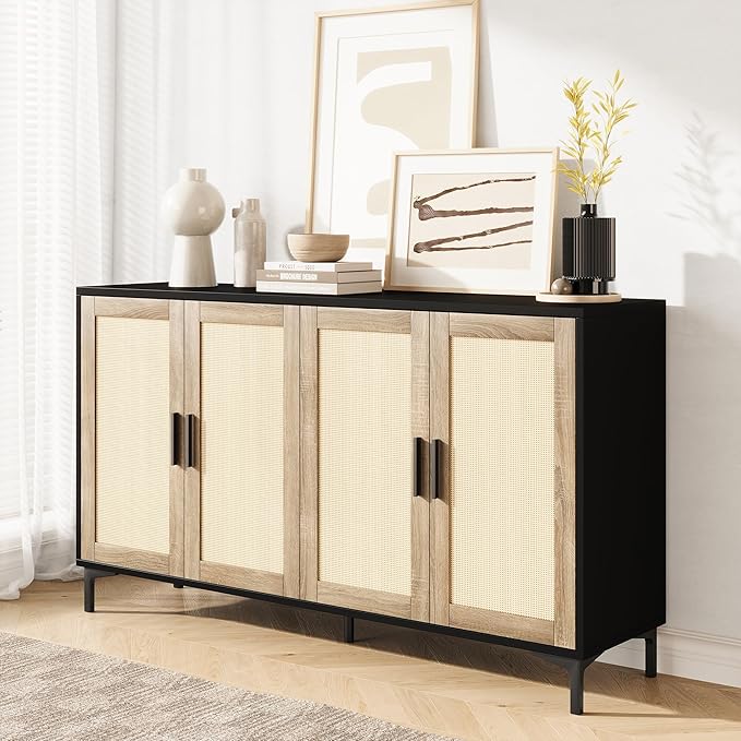 JASIWAY Buffet Cabinet with Storage, 48" Rattan Sideboard with Adjustable Shelves, Modern Coffee Bar Cabinet Console Table with Doors, Credenza for Kitchen, Living Room, Entryway, Dining Room, Black