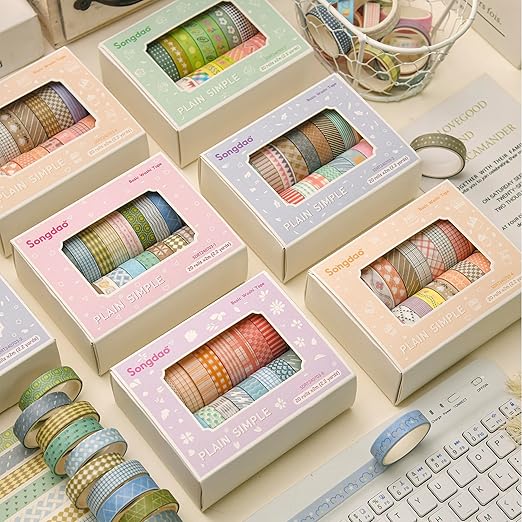 Songdao 20 Rolls Basic Washi Tape Set Japanese Arts Adhesive Tapes Simple Patterns Decorative Masking Tape Sets for Craft, Kids, Scrapbook, DIY, Gift Wrapping (Style Two)