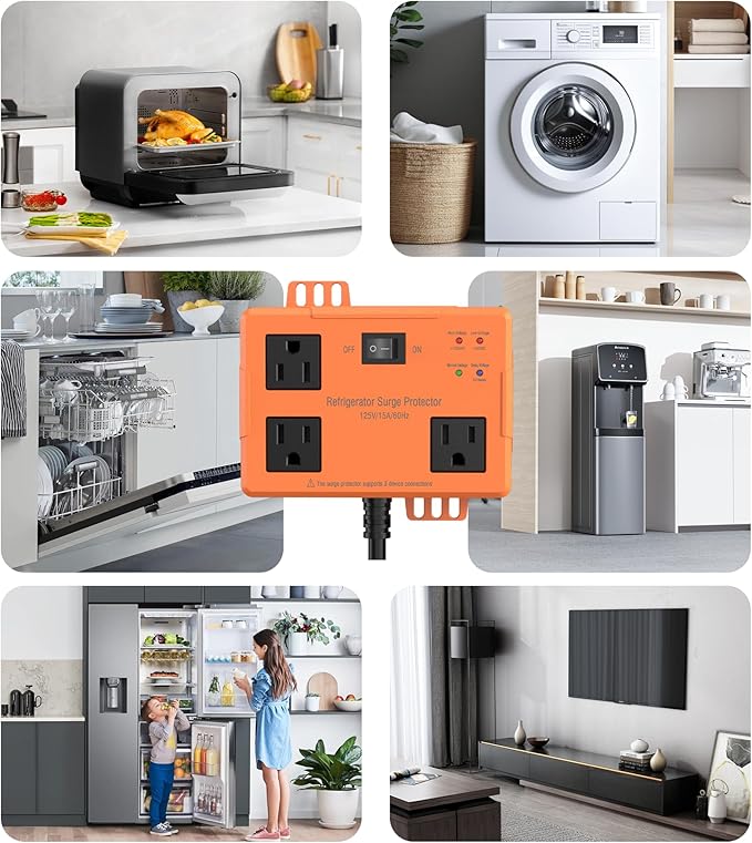 3 Outlet Refrigerator Surge Protector with Time Delay, Voltage Protector for Home Appliances, Protects Against Brownout, Spike, Instant Surge All Voltage Abnormalities, 14 AWG Power Cord (2FT)